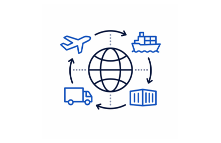 Icône représentant un globe entouré de flèches avec avion, conteneurs et camion symbolisant la logistique et le transport international