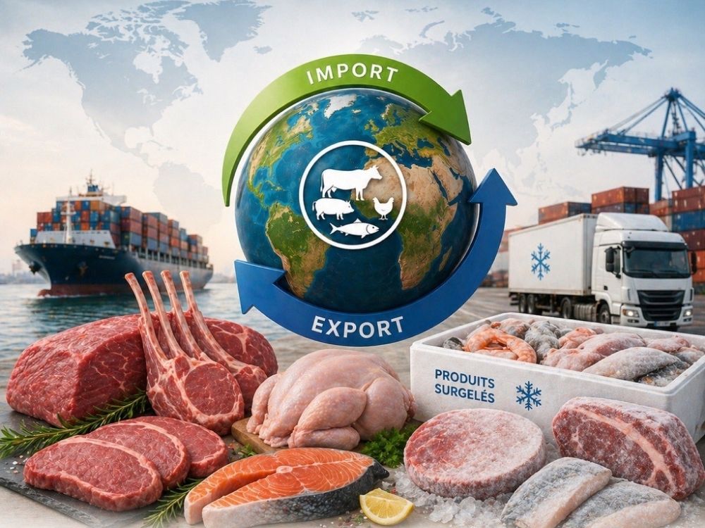 Illustration IA d’une chaîne logistique internationale avec entrepôts, conteneurs et camion, montrant le commerce et la distribution de produits alimentaires comme la viande et le poisson